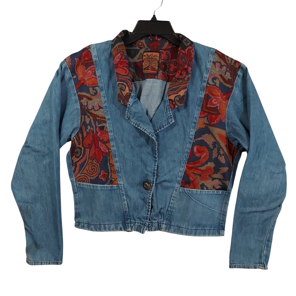 Outback Denim Jacket Womens S Blue Floral Tapestry Mixed Media Vintage 90s USA